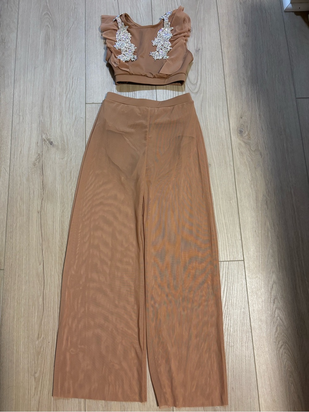 Girls YM Wide-Leg Two-Piece Dance Set in Clay Brown with Embellished Bodice